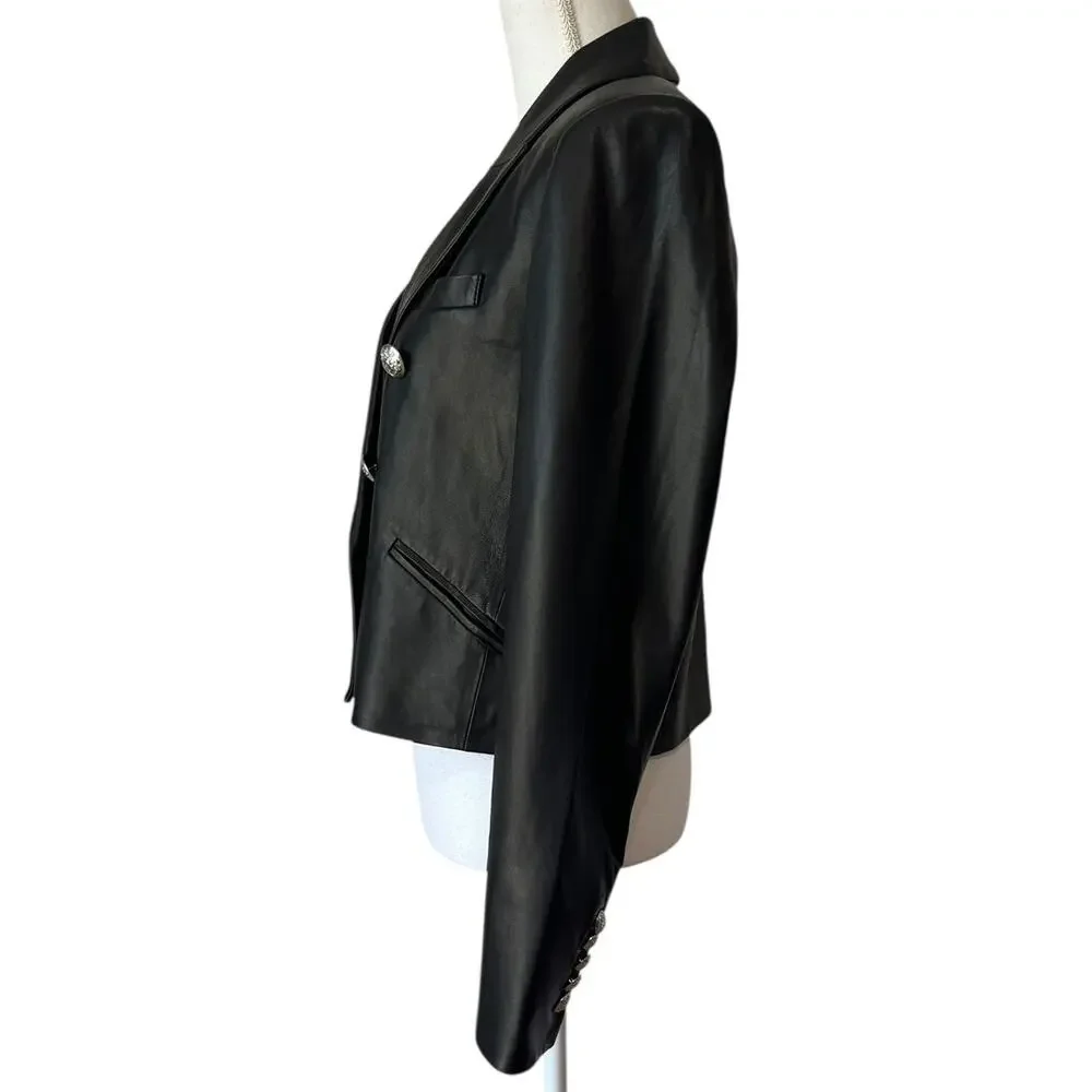 Veronica Beard Nevis Lamb Leather Blazer Jacket Cropped Black Silver Size 10 - Picture 8 of 10